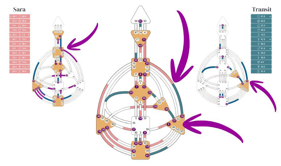 De mon côté, cette activation a été particulièrement marquante, puisque j’ai la Porte 35 active dans mon schéma. Cela active mon Canal 35–36, le canal de la Transition, ainsi que mon Centre émotionnel, habituellement non définis.