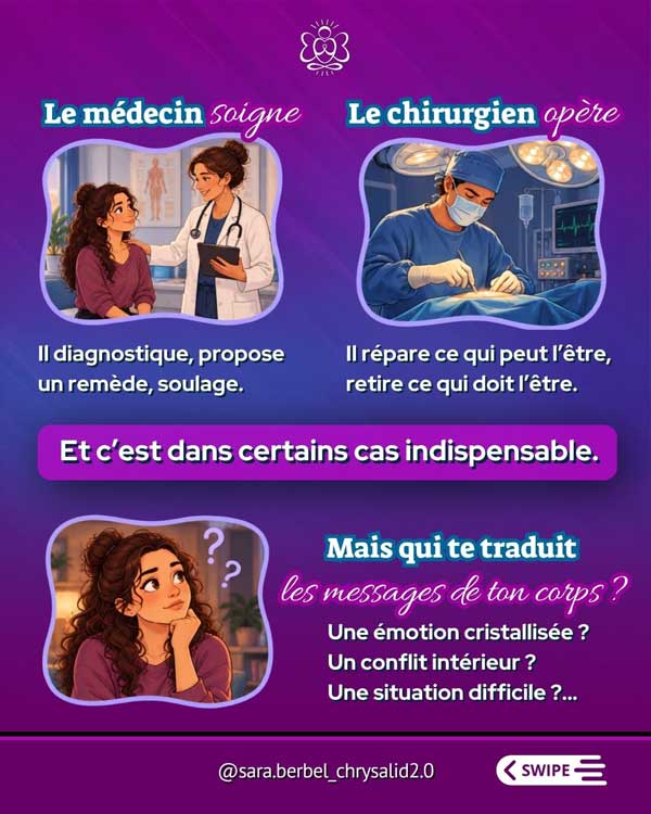 Illustrations d'une consultation médicale, d'une opération chirurgicale et d'une personne cherchant à décoder les messages du corps