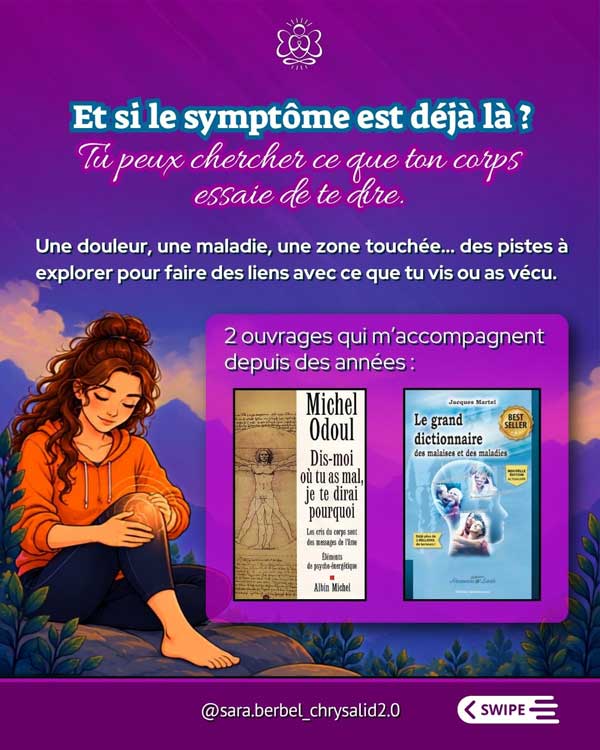 Femme portant les mains sur son genou et présentation de deux livres permettant de décoder les messages du corps, grâce au décodage symbolique des symptômes et des maladies.
